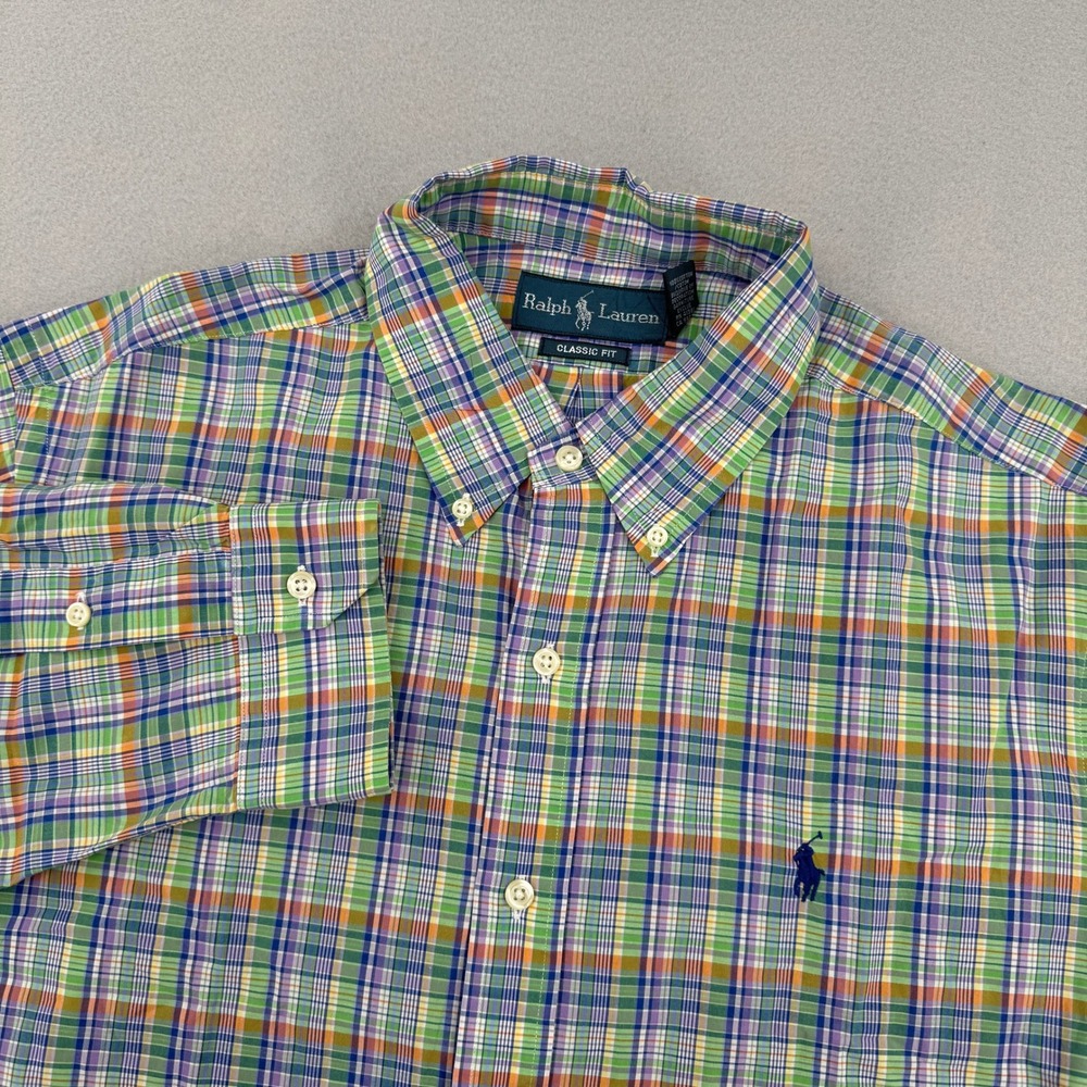 Ralph Lauren Classic Fit Long Sleeve Button‎ Down Shirt Men's L Green Plaid